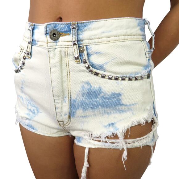 &Denim High Rise Bleached Ripped Shorts with Studs Size 4 Waist 25" - Picture 3 of 6